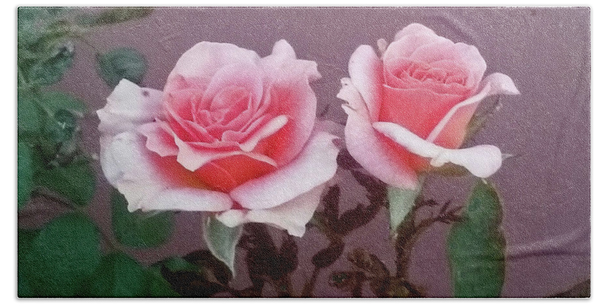 Flower Beach Sheet featuring the photograph Twin Pink Roses by Jay Milo