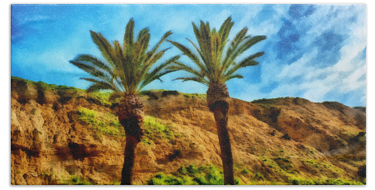 Palm Trees Beach Towel featuring the mixed media Twin Royal Palms by Joseph Hollingsworth