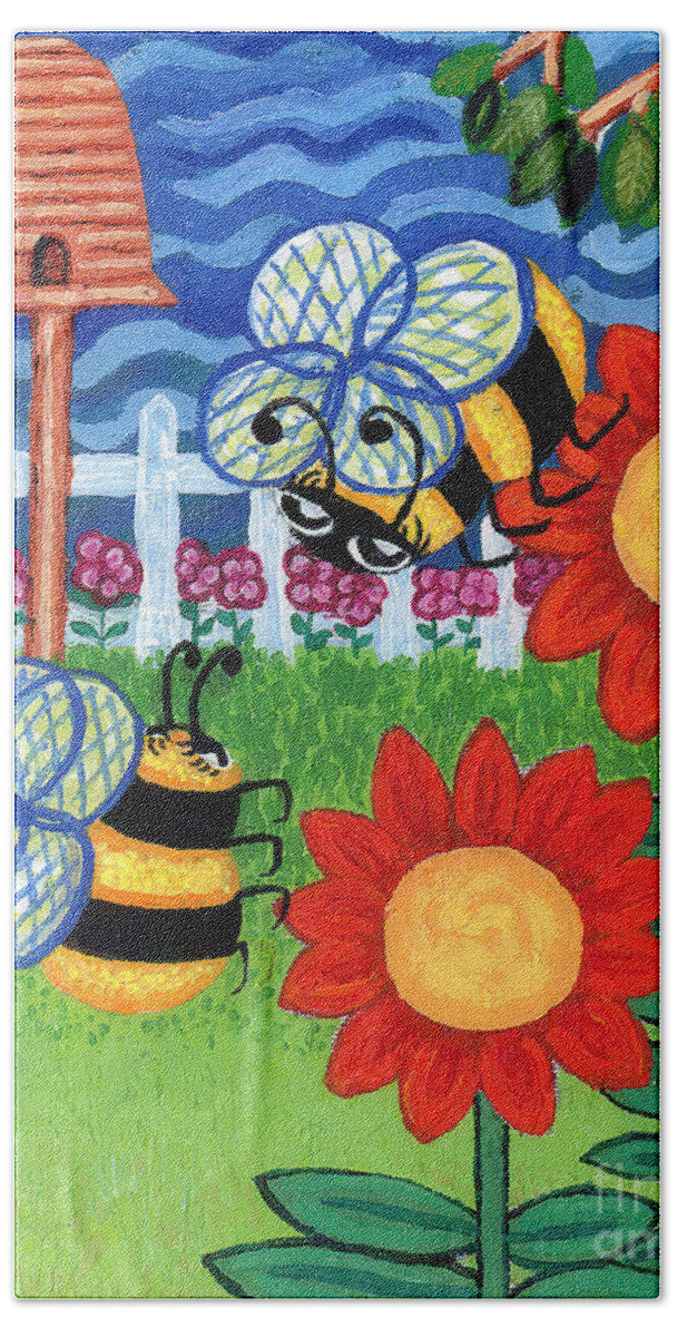 Sunflower Beach Towel featuring the painting Two Bees With Red Flowers by Genevieve Esson