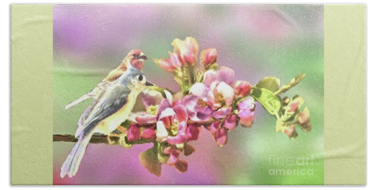 Birds Beach Towel featuring the photograph House Finch and Titmouse Sharing a Flower Branch by Janette Boyd