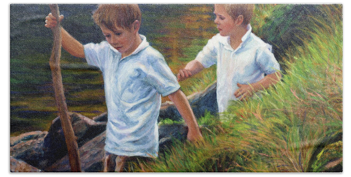 Farm Beach Towel featuring the painting Two Boys Hiking by Marie Witte