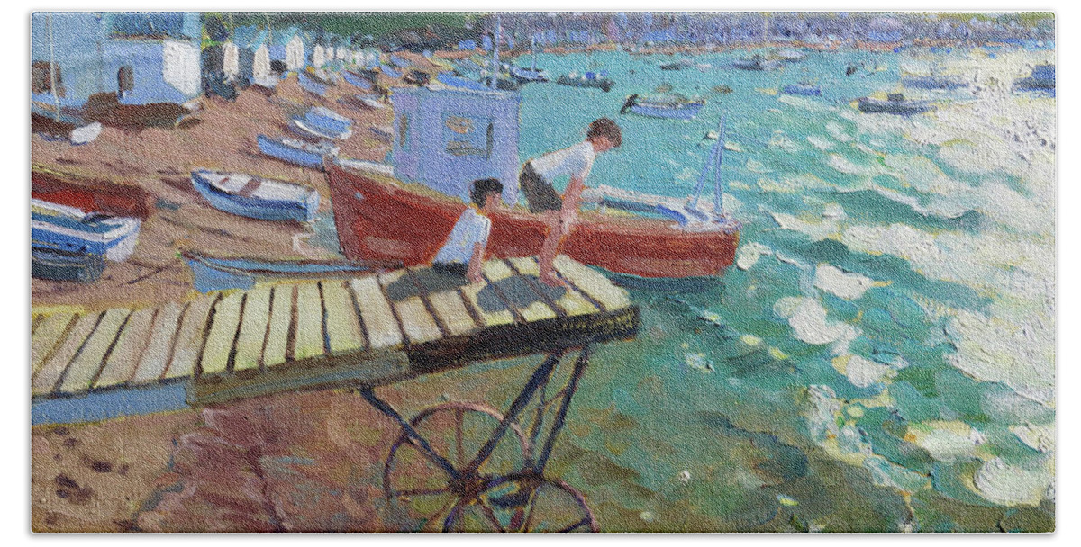 Teignmouth Beach Towel featuring the painting Two boys on the landing stage, Teignmouth by Andrew Macara
