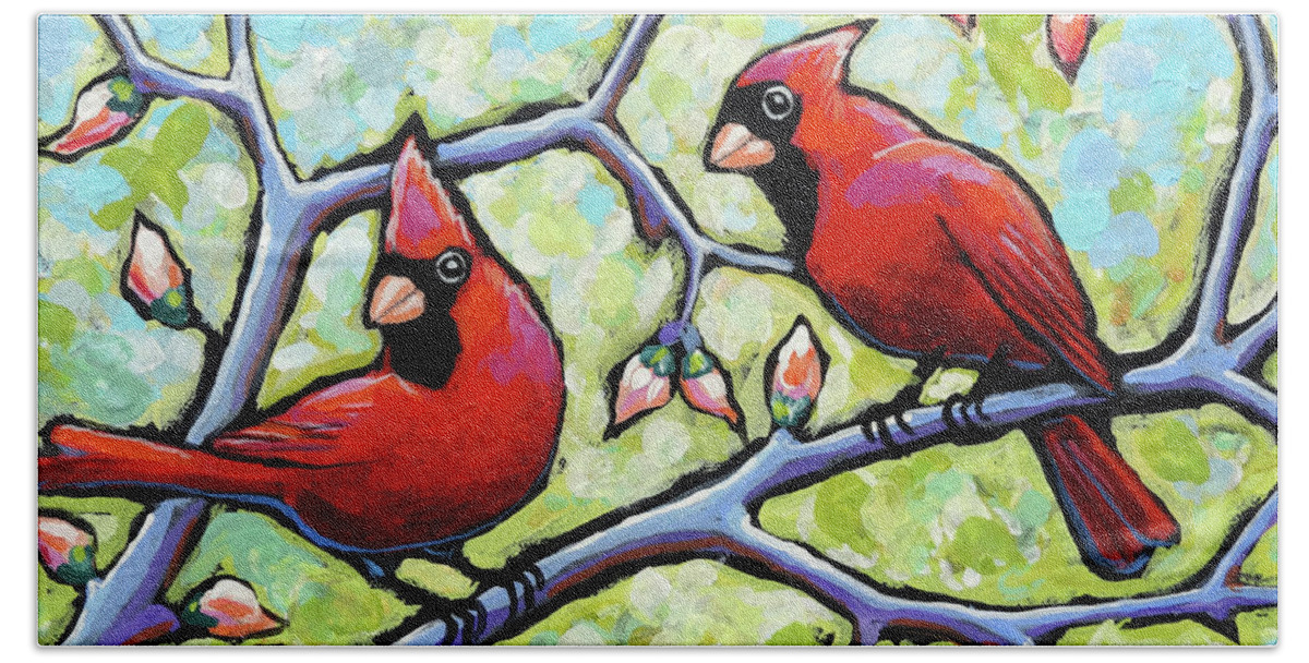 Cardinals Beach Towel featuring the painting Two Cardinals by Ande Hall