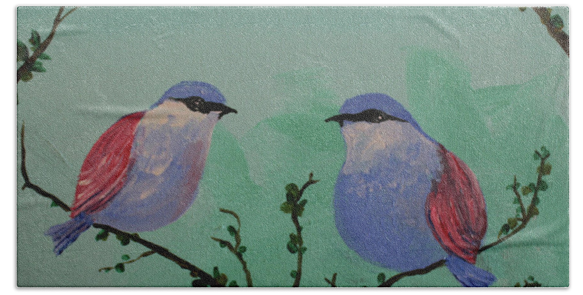 Acrylic Beach Sheet featuring the painting Two Chickadees by Martin Valeriano