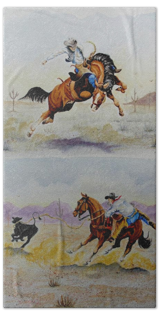 Cowboy Beach Towel featuring the painting Two Fer One by Jimmy Smith