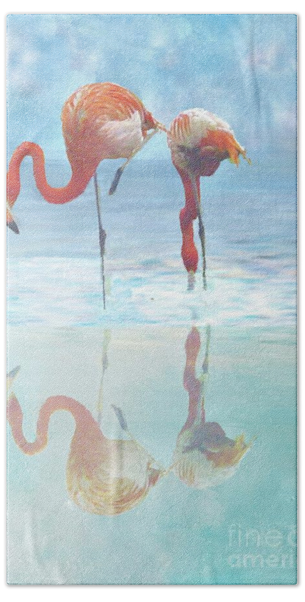 Flamingo Beach Towel featuring the digital art Two Flamingos Searching for Food by Janette Boyd