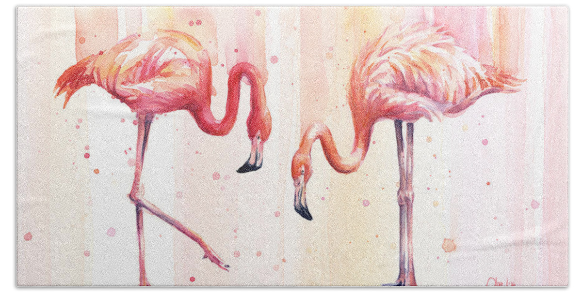 Flamingo Beach Towel featuring the painting Two Flamingos Watercolor by Olga Shvartsur