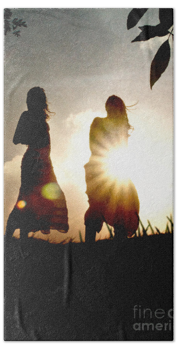 Sun Beach Sheet featuring the photograph Two girls and sunburst by Clayton Bastiani