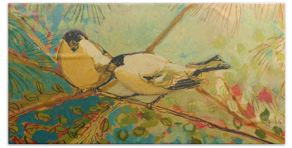 Bird Beach Towel featuring the painting Two Goldfinch Found by Jennifer Lommers