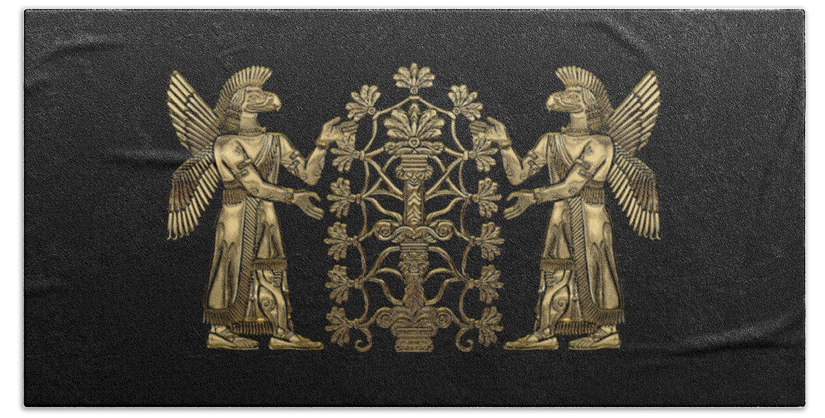 ‘treasures Of Mesopotamia’ Collection By Serge Averbukh Beach Towel featuring the digital art Two Instances of Gold God Ninurta with Tree of Life over Black Canvas by Serge Averbukh