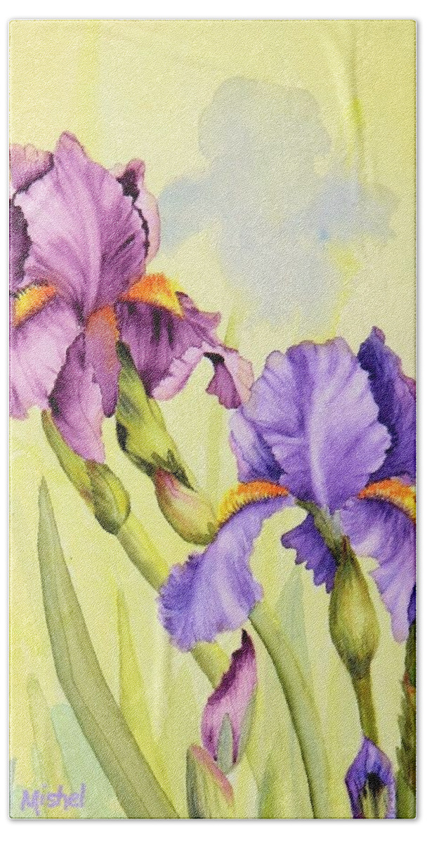 Iris Garden Beach Towel featuring the painting Two Irises by Mishel Vanderten