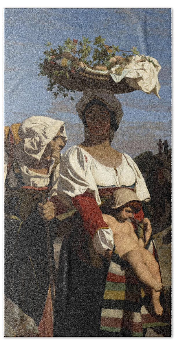 Jean-leon Gerome Beach Towel featuring the painting Two Italian Peasant Women and an Infant by Jean-Leon Gerome