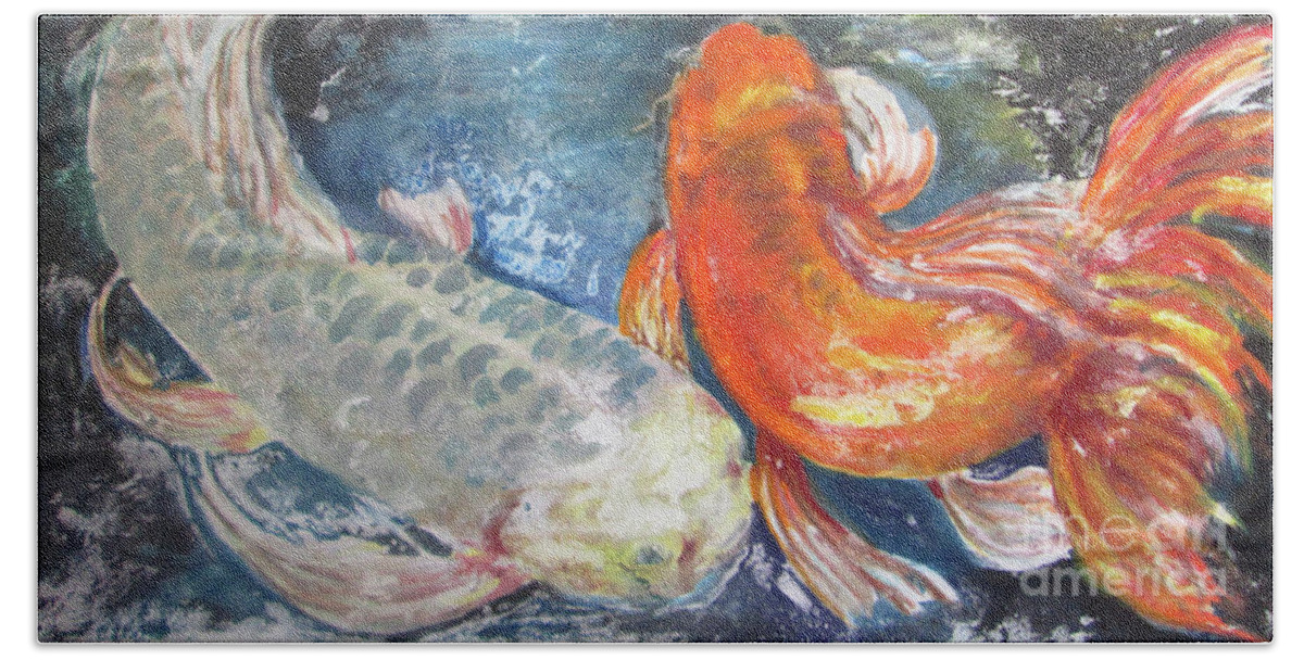 Fish Beach Towel featuring the painting Two Koi by Susan Herbst