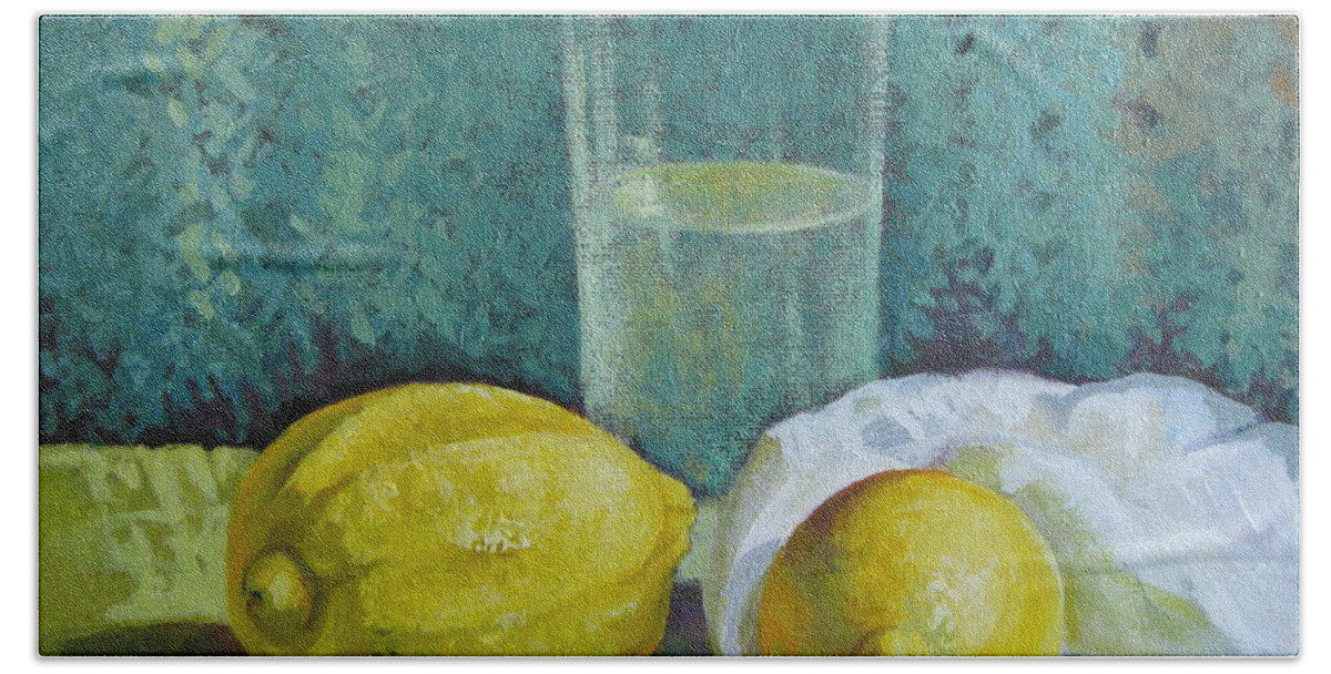 Lemons Beach Sheet featuring the painting Two lemons by Elena Oleniuc