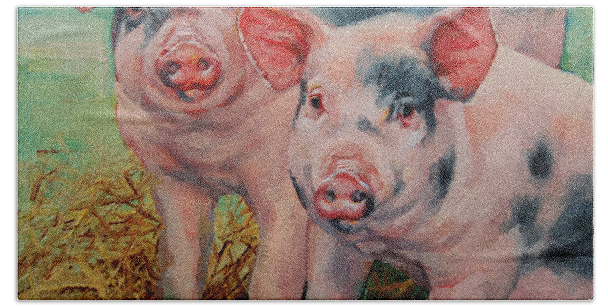 Pig Beach Sheet featuring the painting Two Little Pigs by Margaret Stockdale