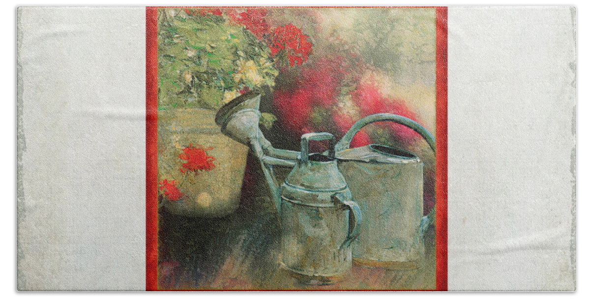 Old Masters Beach Towel featuring the painting Two Watering Cans in the Garden by Audrey Jeanne Roberts