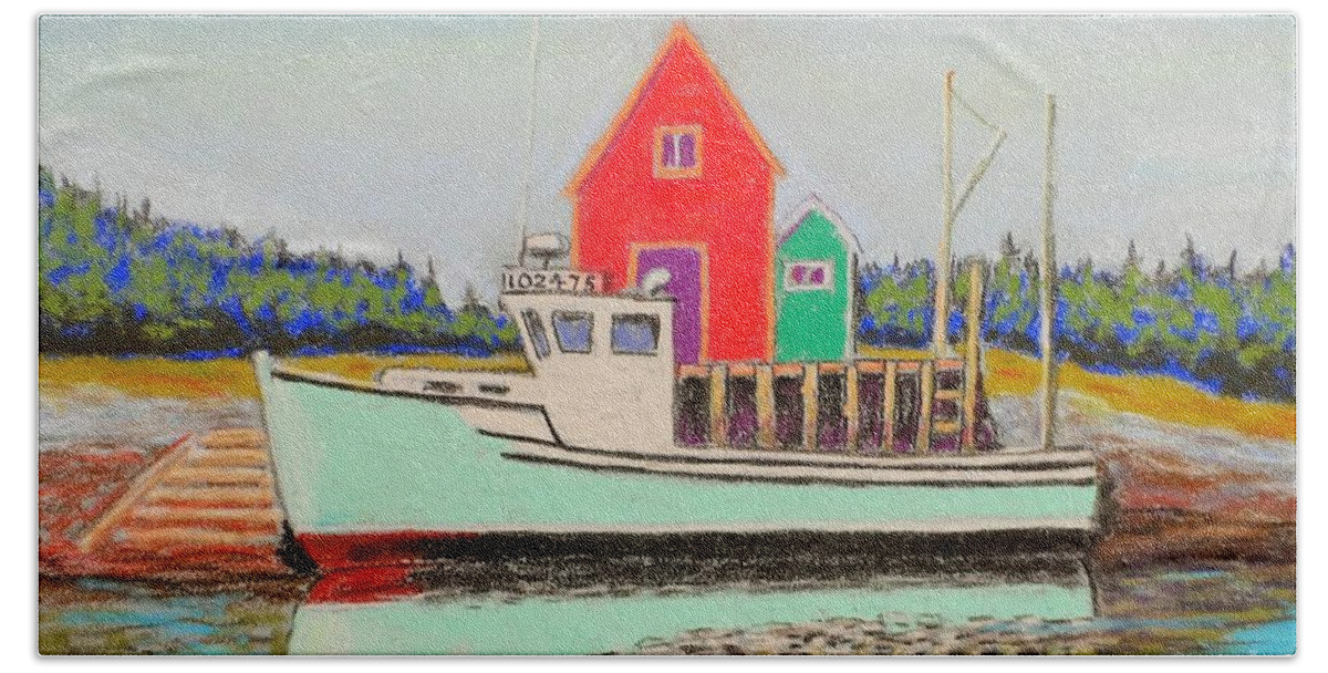 Pastels Beach Towel featuring the pastel Typical Fishing Vessel Nova Scotia by Rae Smith