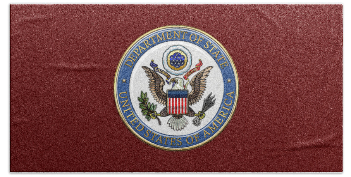 'military Insignia & Heraldry 3d' Collection By Serge Averbukh Beach Towel featuring the digital art U. S. Department of State - DoS Emblem over Red Velvet by Serge Averbukh