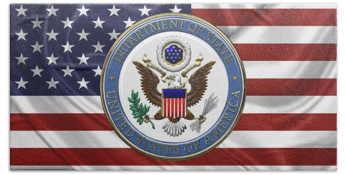 �insignia 3d� By Serge Averbukh Beach Towel featuring the digital art U. S. Department of State - Emblem over American Flag by Serge Averbukh