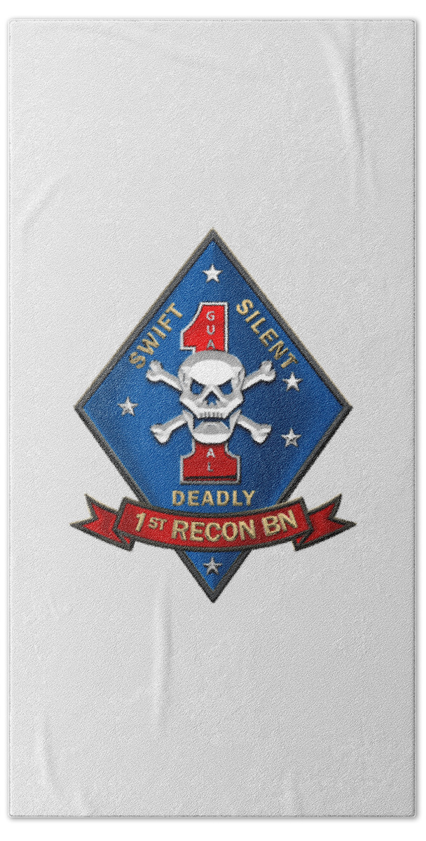 'military Insignia & Heraldry' Collection By Serge Averbukh Beach Towel featuring the digital art U S M C 1st Reconnaissance Battalion - 1st Recon Bn Insignia over White Leather by Serge Averbukh