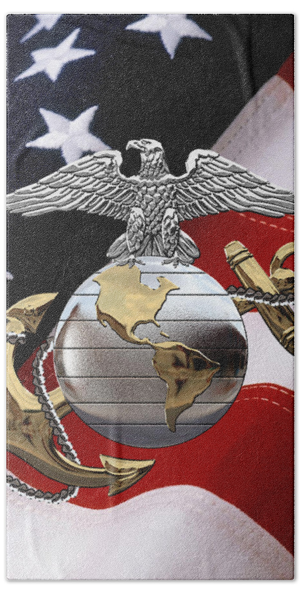 'usmc' Collection By Serge Averbukh Beach Towel featuring the digital art U S M C Eagle Globe and Anchor - C O and Warrant Officer E G A over U. S. Flag by Serge Averbukh