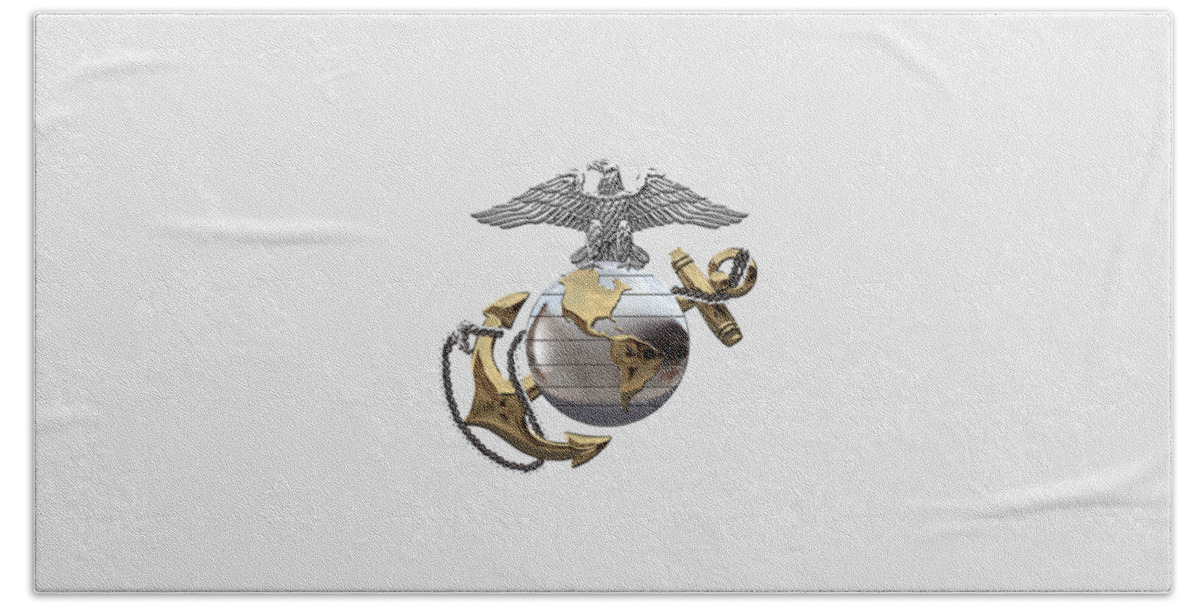 'usmc' Collection By Serge Averbukh Beach Towel featuring the digital art U S M C Eagle Globe and Anchor - C O and Warrant Officer E G A over White Leather by Serge Averbukh