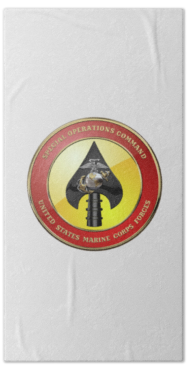 'military Insignia & Heraldry' Collection By Serge Averbukh Beach Towel featuring the digital art U S M C Forces Special Operations Command - M A R S O C Seal over White Leather by Serge Averbukh