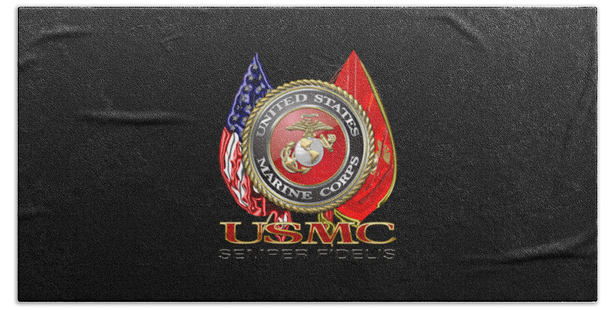 'military Insignia & Heraldry 3d' Collection By Serge Averbukh Beach Towel featuring the digital art U. S. Marine Corps U S M C Emblem on Black by Serge Averbukh