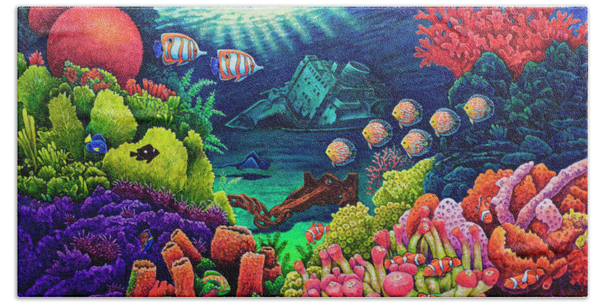 Sunken Ship Beach Sheet featuring the painting Undersea Creatures VII by Michael Frank