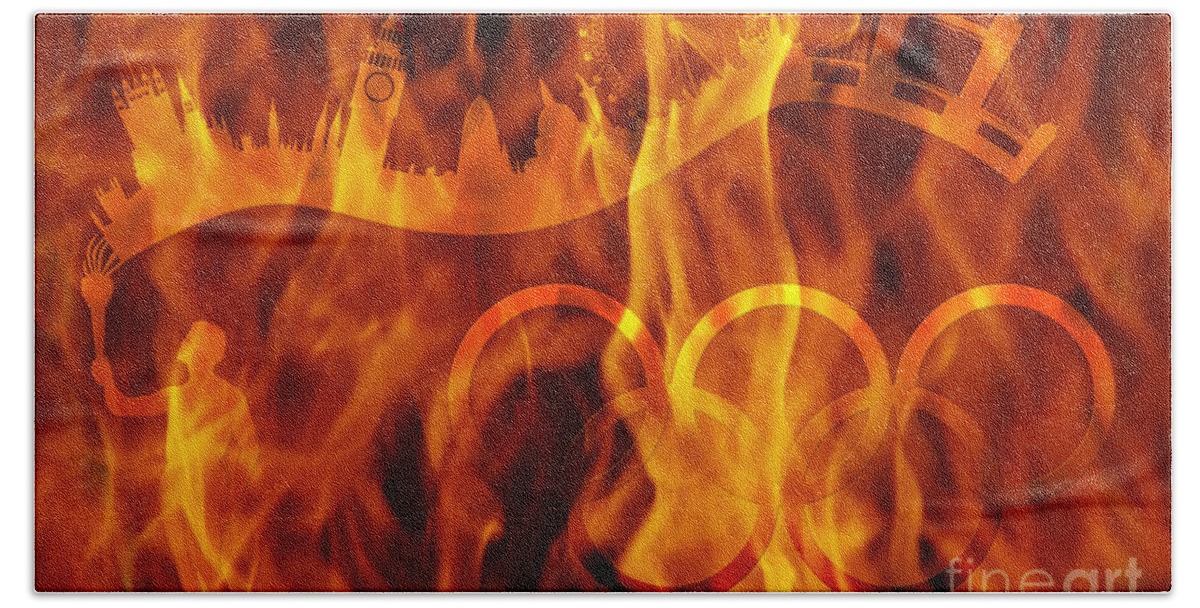 Fire Beach Towel featuring the digital art undying Olympic flame by Michal Boubin