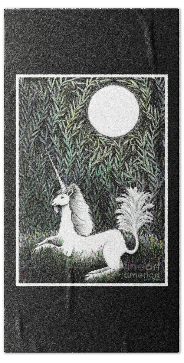 Lise Winne Beach Sheet featuring the drawing Unicorn in Moonlight by Lise Winne
