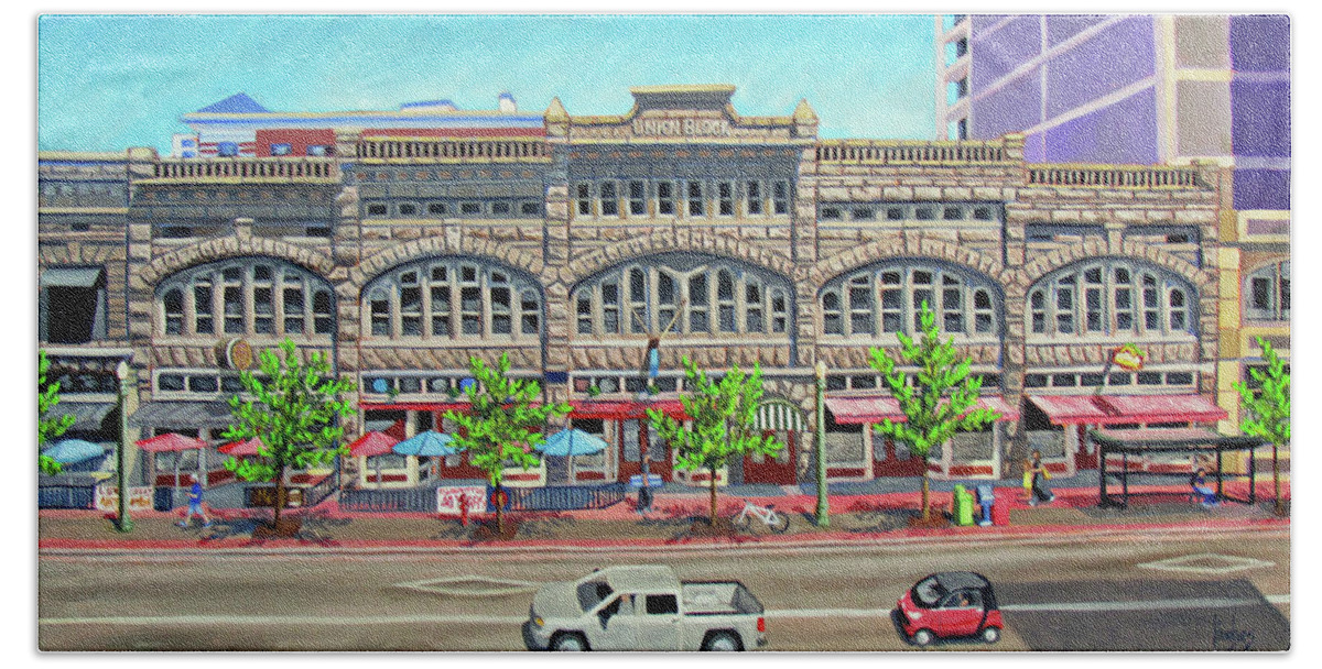Boise Beach Towel featuring the painting Union Block Building - Boise by Kevin Hughes