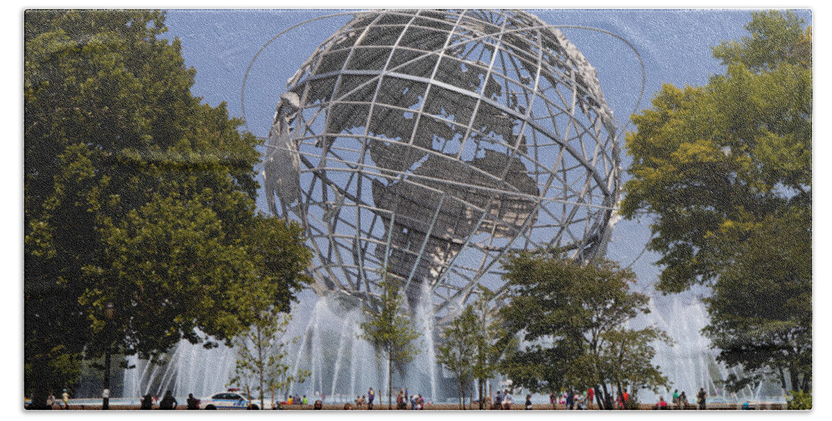 1964 1965 City Corona Day Daytime Earth Fair Flushing Fountain Globe Iconic Landmark Made Man Map Meadows Metal New Object Park Planet Queens Representation Science Sculpture Silver Spherical Stainless Steel Symbol Symbols Unisphere Water World Worlds York Beach Towel featuring the photograph Unisphere in Fushing Meadows Corona Park by Anthony Totah