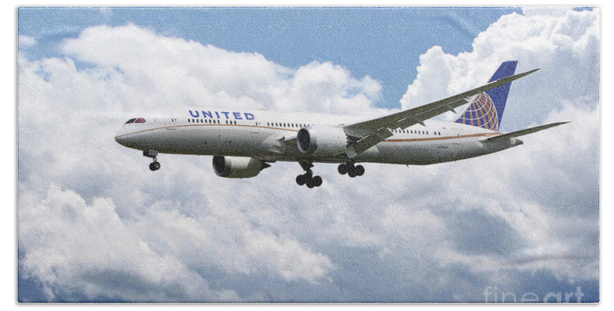 United Beach Towel featuring the digital art United Airlines Boeing 777 Dreamliner by Airpower Art
