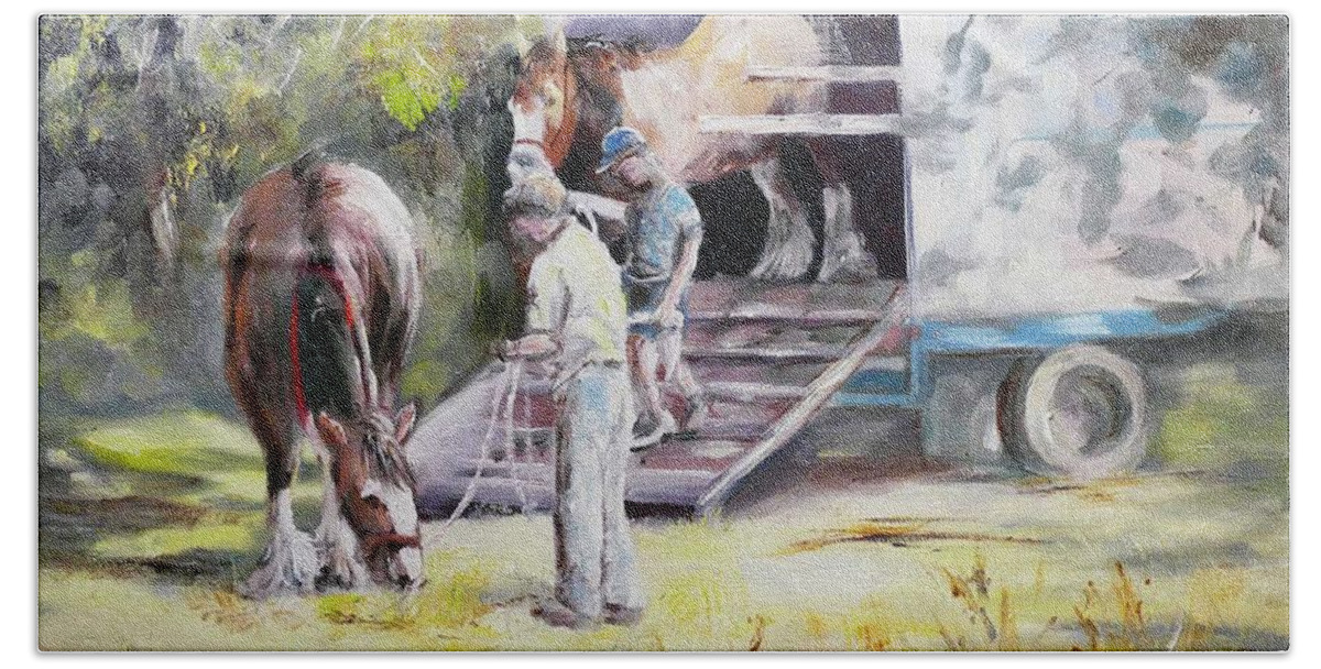 Clydesdales Beach Towel featuring the painting Unloading the Clydesdales by Ryn Shell