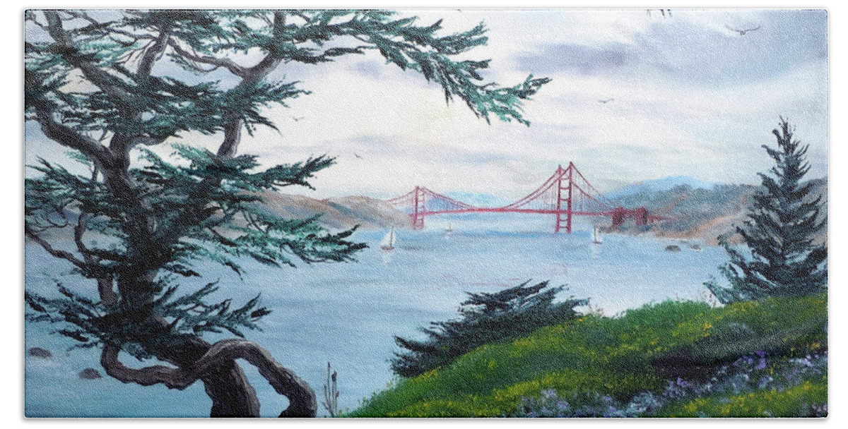 San Francisco Beach Towel featuring the painting Upon Seeing the Golden Gate by Laura Iverson