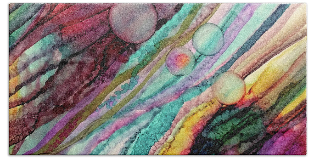 Abstract Colorful Water Bubbles Blue Aqua Red Pink Purple Mystical Fantasy Beach Towel featuring the painting Upstream by Brenda Salamone