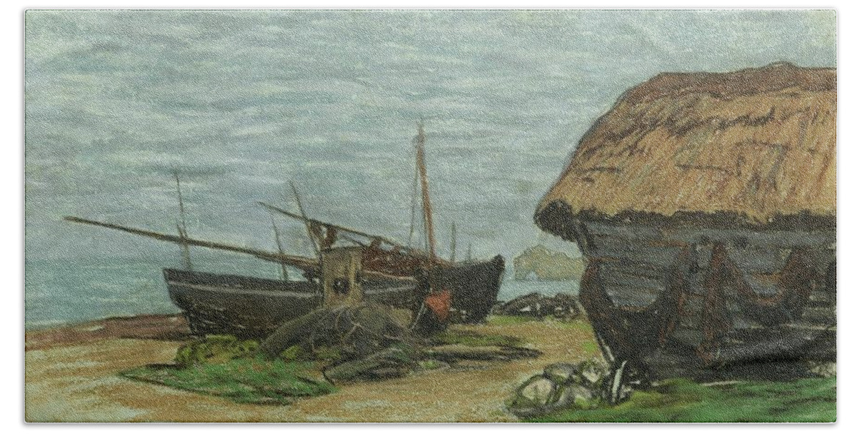 Claude Monet 1840 - 1926 Etretat Beach Towel featuring the painting Upstream Of The Door by Claude Monet