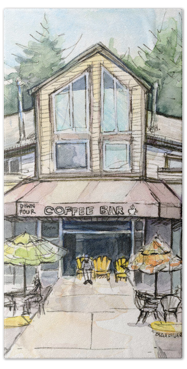 Coffee Shop Watercolor Sketch Beach Towel by Olga Shvartsur - Pixels