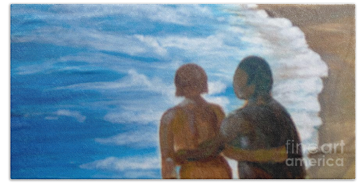 Landscape Beach Towel featuring the painting Us Against The World by Saundra Johnson