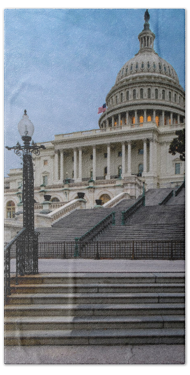 Us Capitol Building Beach Towel featuring the photograph US Capitol Building Twilight by Susan Candelario