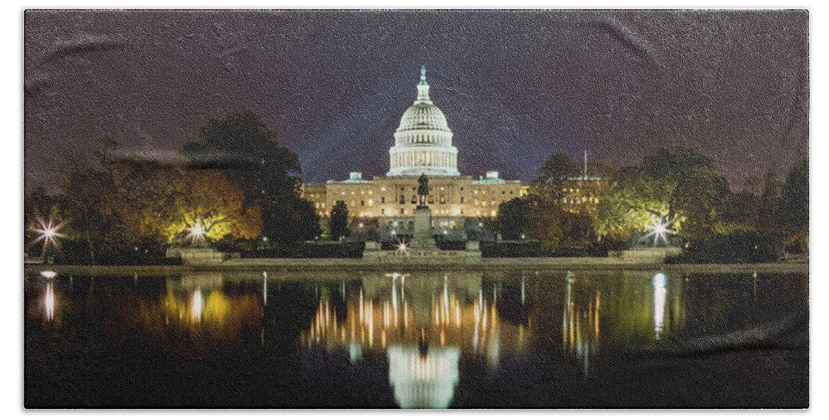 Architecture Beach Towel featuring the photograph US Capitol Night Panorama by Val Black Russian Tourchin