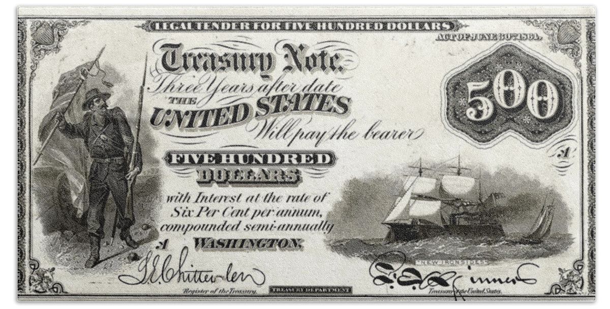'paper Currency' Collection By Serge Averbukh Beach Towel featuring the digital art U.S. Five Hundred Dollar Bill - 1864 $500 USD Treasury Note by Serge Averbukh