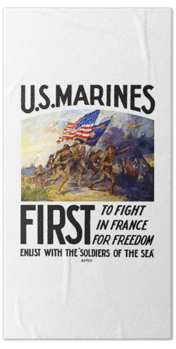 Marines Beach Towel featuring the painting US Marines - First To Fight In France by War Is Hell Store
