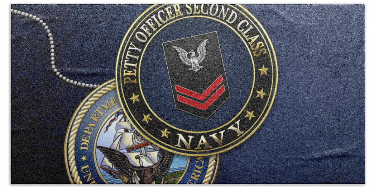 Military Insignia 3d By Serge Averbukh Beach Towel featuring the digital art U.S. Navy Petty Officer Second Class - PO2 Rank Insignia over Blue Velvet by Serge Averbukh