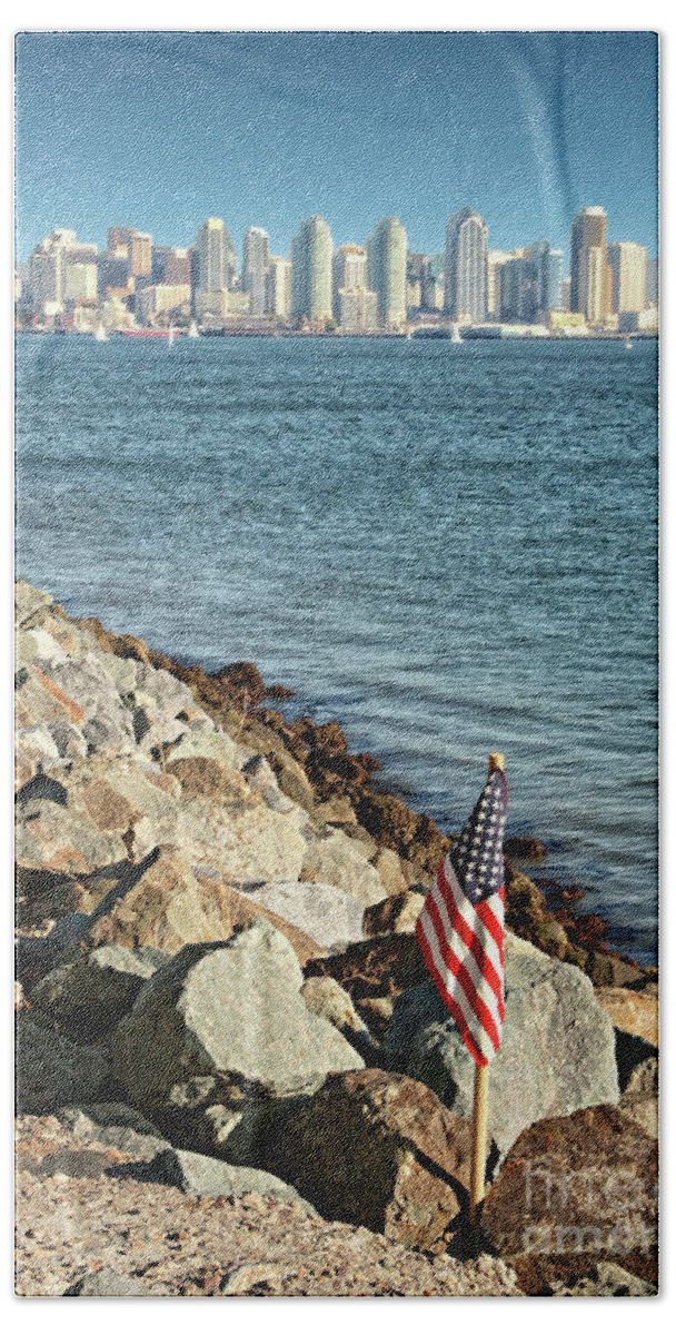 Gabriele Pomykaj Beach Sheet featuring the photograph USA Flag and San Diego Skyline by Gabriele Pomykaj
