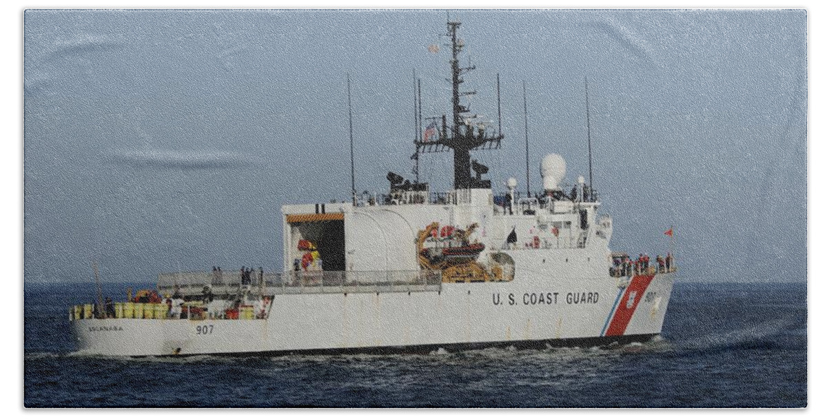 U.s Coast Guard Cutter Beach Towel featuring the photograph USCGC Escanaba Heads to Sea by Bradford Martin
