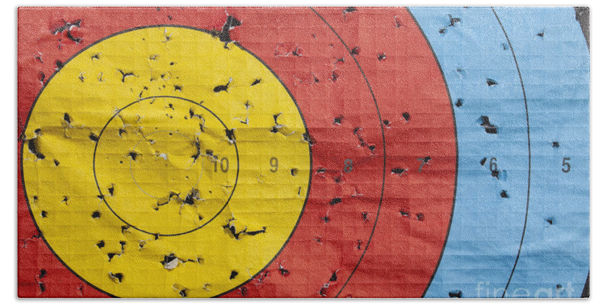 Archery Beach Towel featuring the photograph Used archery target close up by Simon Bratt