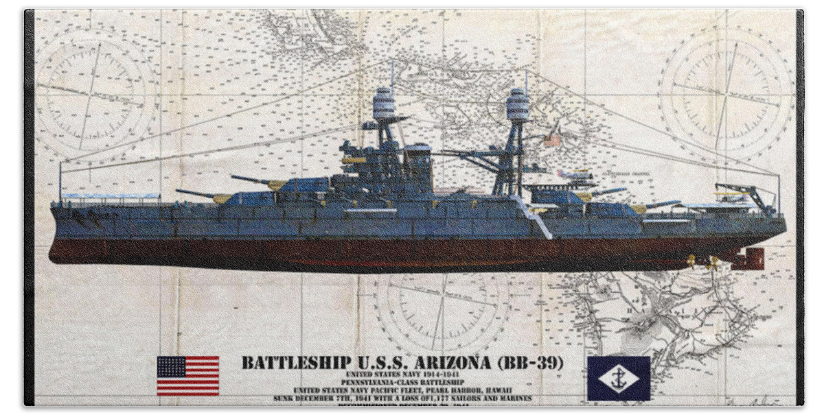 Batttleship Beach Towel featuring the digital art USS Arizona BB-39 Profile Art by Tommy Anderson