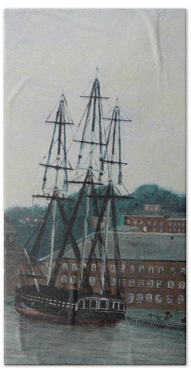 Navy Beach Towel featuring the painting USS Constitution Taking on Provisions by Mike Jenkins